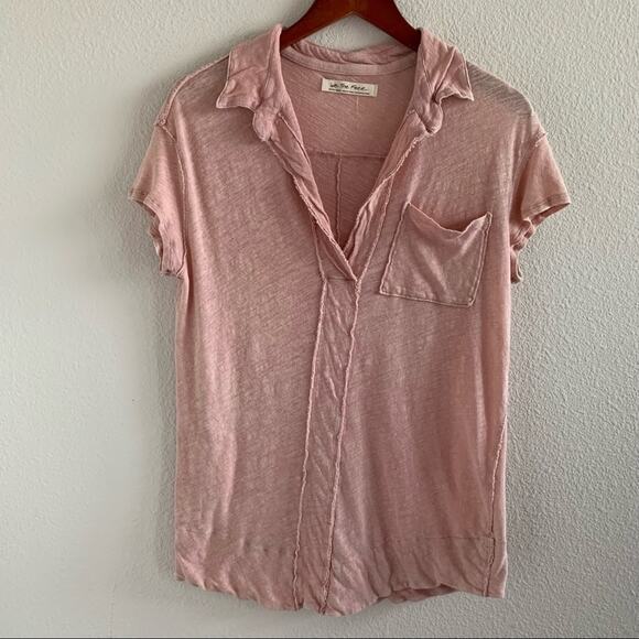 We the Free Free People The Posh Tee Pink Collar Linen Blend V Neck Top XS - Picture 2 of 12
